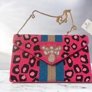 Kay Lee Elegant Beaded Bee Clutch with Gold Chain